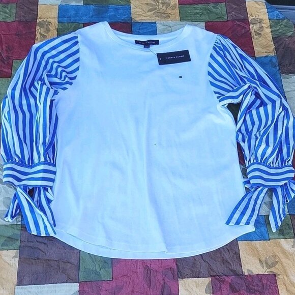 RTL $69 Tommy Hilfiger Long Blue Striped Puffy Sleeve White 100% Cotton SzL Top - Picture 9 of 9